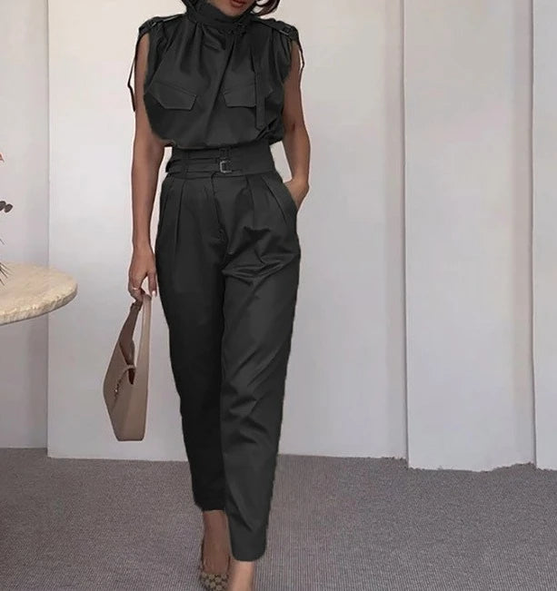 Two Piece Sets - Belt Decorative Pants Set