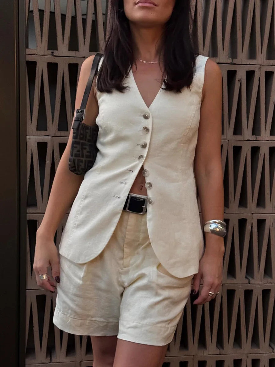 Cotton And Linen - Vest Shorts Set