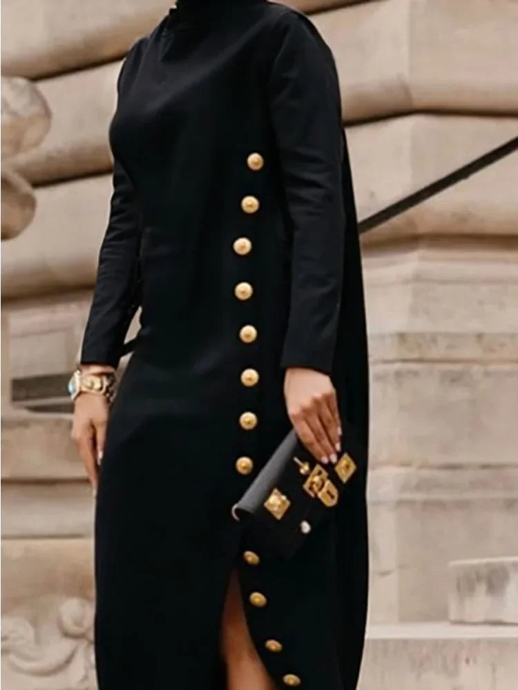 Buttoned Split- Cotton blend High Neck Dress