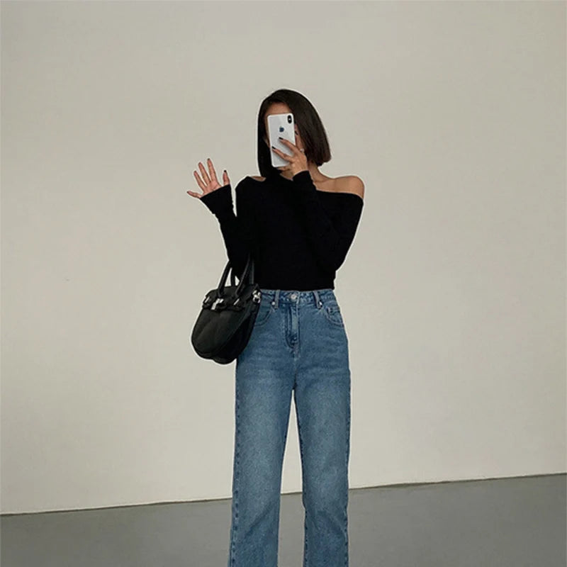 Skew Collar Off-shoulder Long-sleeved T-shirts Women