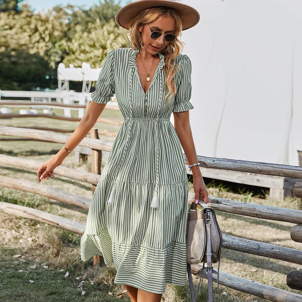 Striped Lantern Sleeve -Summer Dress