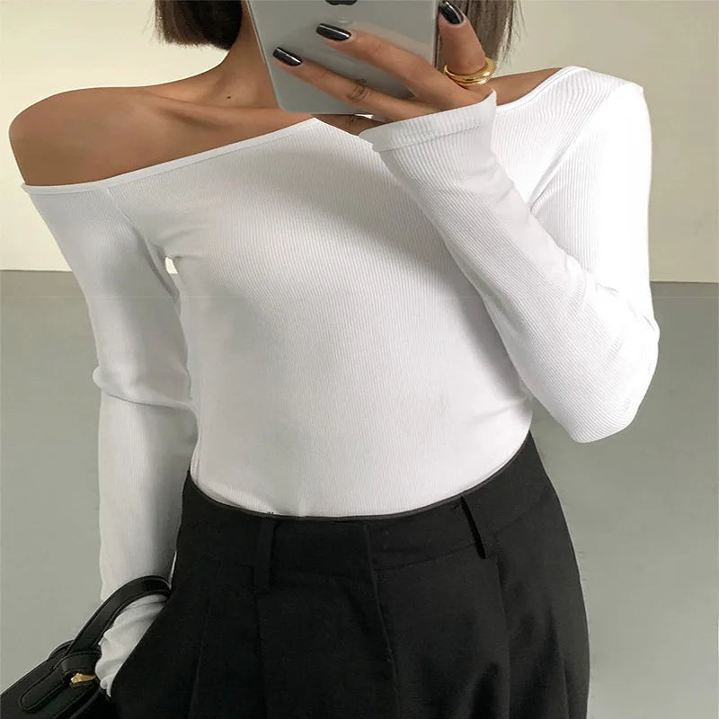 Skew Collar Off-shoulder Long-sleeved T-shirts Women