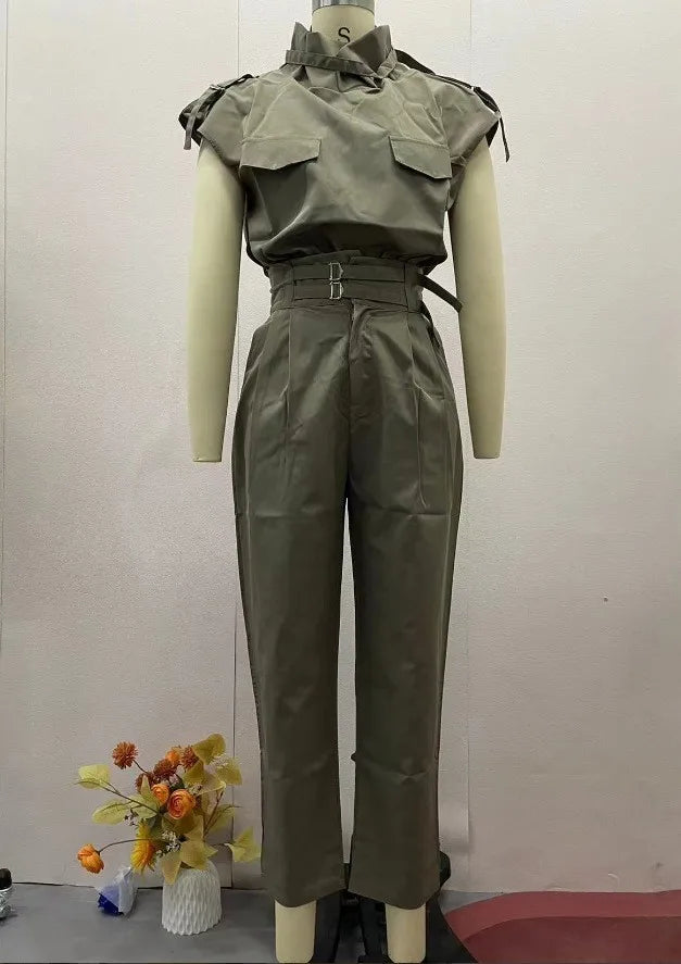 Two Piece Sets - Belt Decorative Pants Set