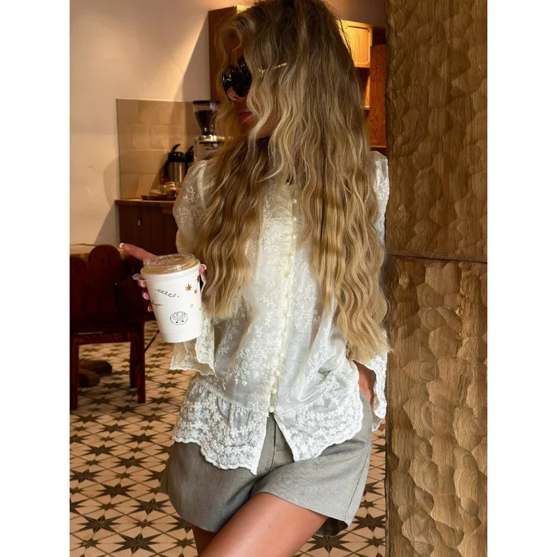 Lace COTTON Shirt - Casual V-Neck Shirt