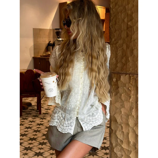 Lace COTTON Shirt - Casual V-Neck Shirt