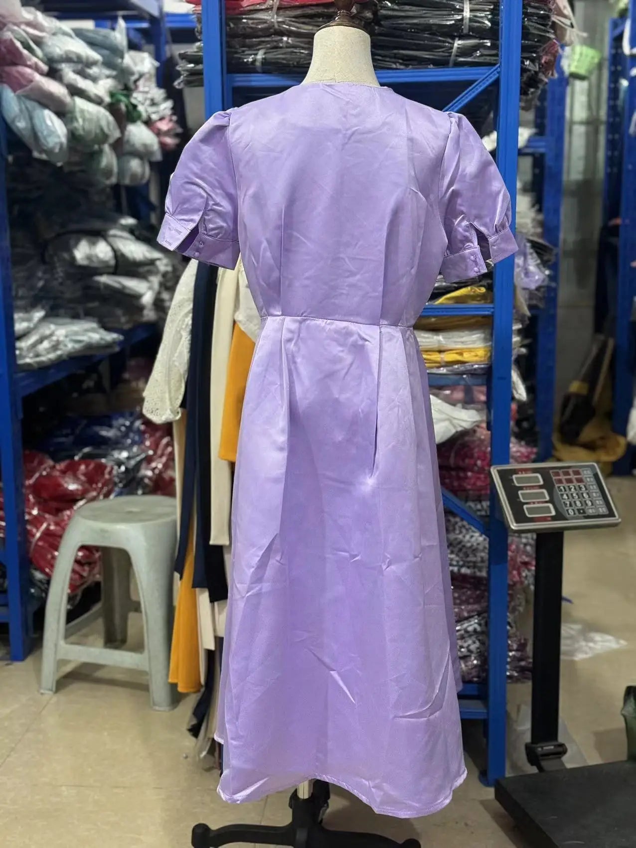 Button Midi Dress -Puff Sleeve