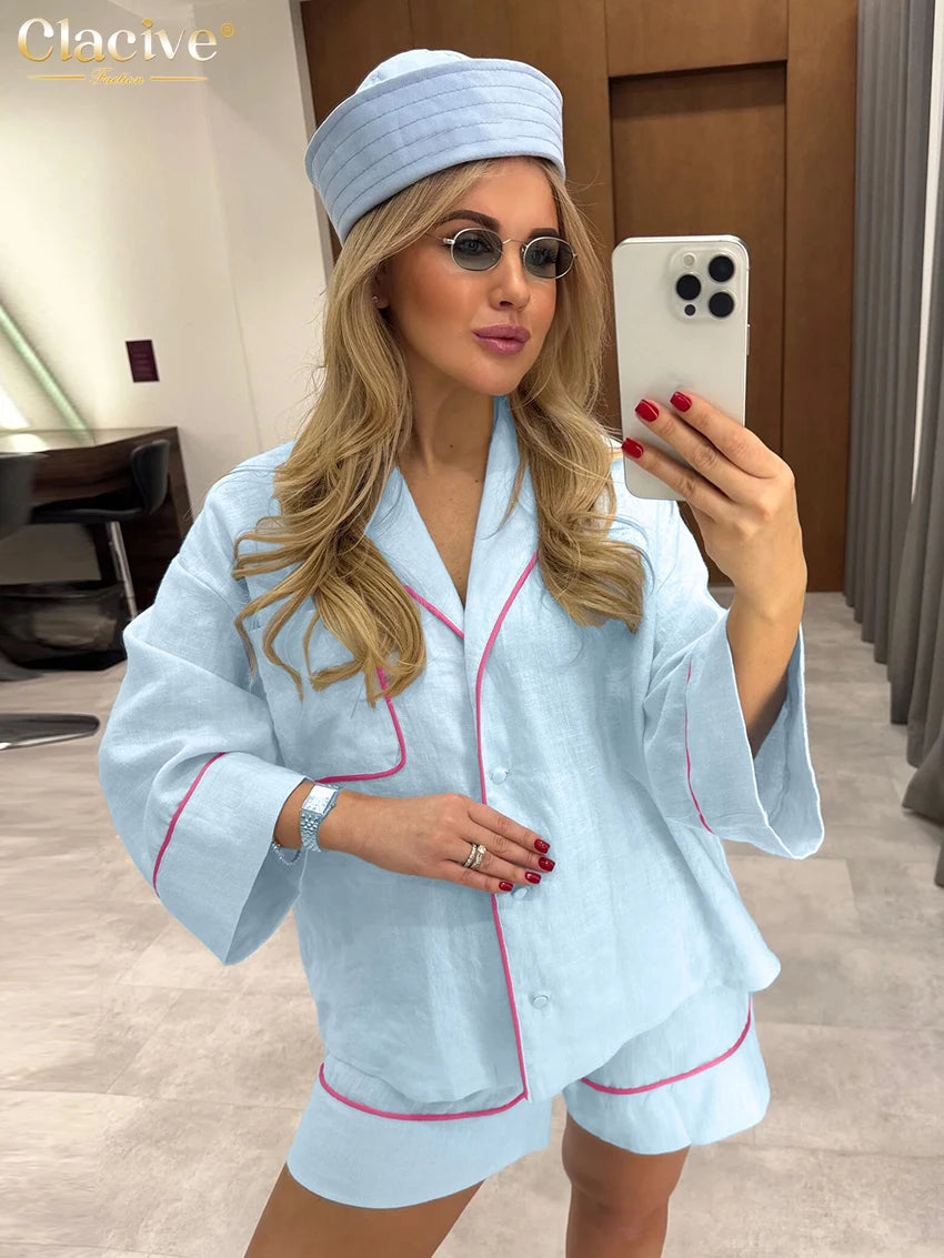 Blue Cotton Two Pieces Set -Long Sleeve Shirt With High Waist Shorts
