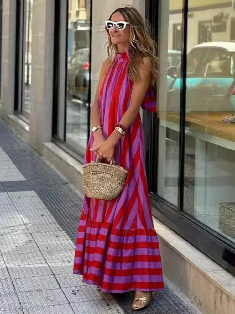 Print Neck Long Dresses-Vacation Dress